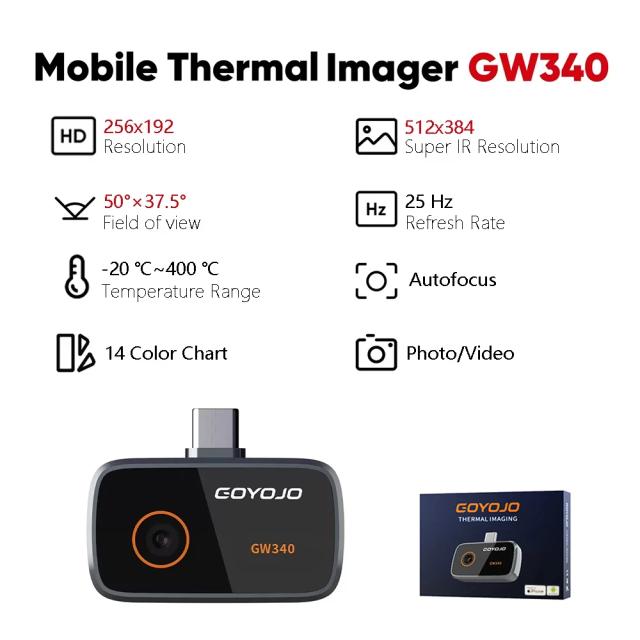 GOYOJO GW340 Câmera Térmica Super Resolução 512x384 para iPhone e Android