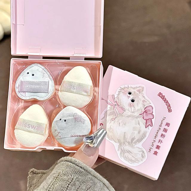 Conjunto Mini Esponjas de Dedo Rosa com Caixa Esponja de Maquiagem Facial Veludo Macio 5 Peças