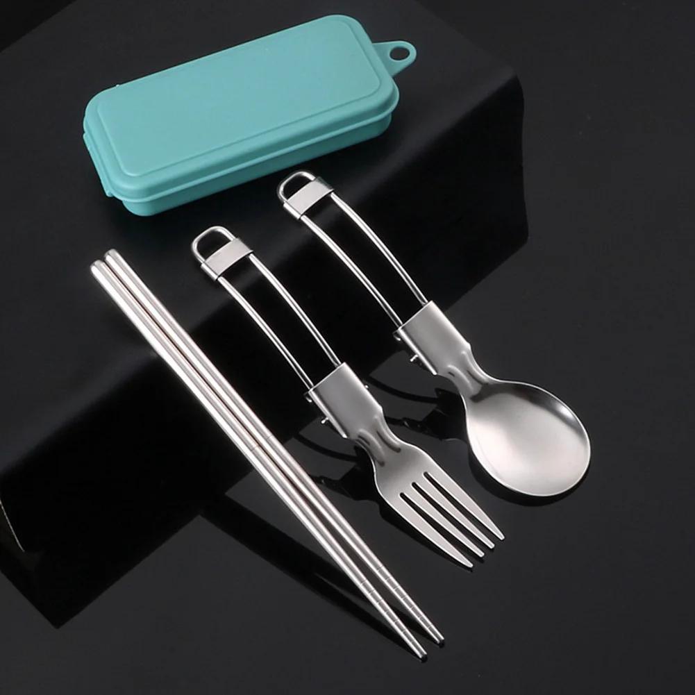 Talheres de piquenique utensílio de acampamento fácil armazenamento design dobrável seguro e seguro colher pauzinhos garfo conjunto aço inoxidável - Image 1