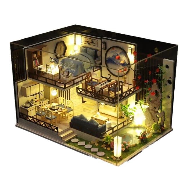 Casa de Boneca M029 Kit de Construção em Miniatura de Madeira com Móveis