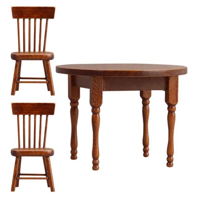 Mobiliário Miniatura 1:12 Mesa e Cadeiras de Jantar em Madeira para Casa de Bonecas - Conjunto com 3 Peças