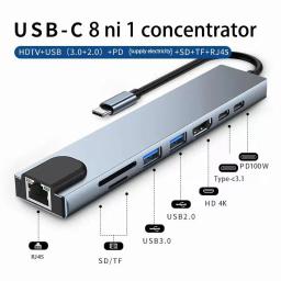 Usb c hub 8 em 1 tipo c 3.1 para 4k adaptador hdtv com rj45 100mbps leitor de cartão sd/tf pd carga rápida para macbook notebook portátil - Image 2