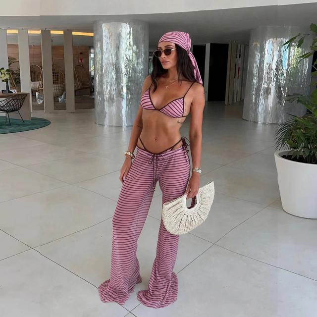 3 Peças Biquíni Estampado com Quimono Roupa de Banho Feminina Micro Conjunto
