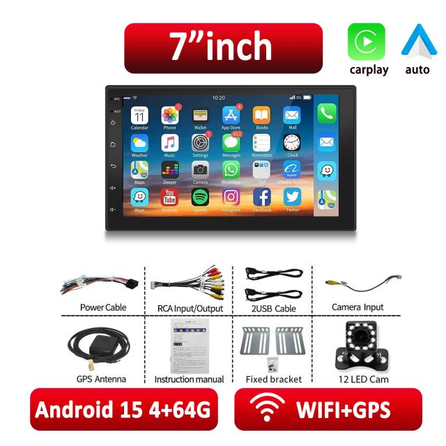 Rádio Automotivo ESSGOO Android 15 2 Din 7"/9"/10" Carplay Auto MP5 Universal WIFI GPS Multimídia Player