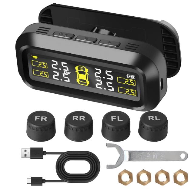 Sistema Monitoramento Pressão Pneus Carro TPMS Solar 4 Sensores Externos