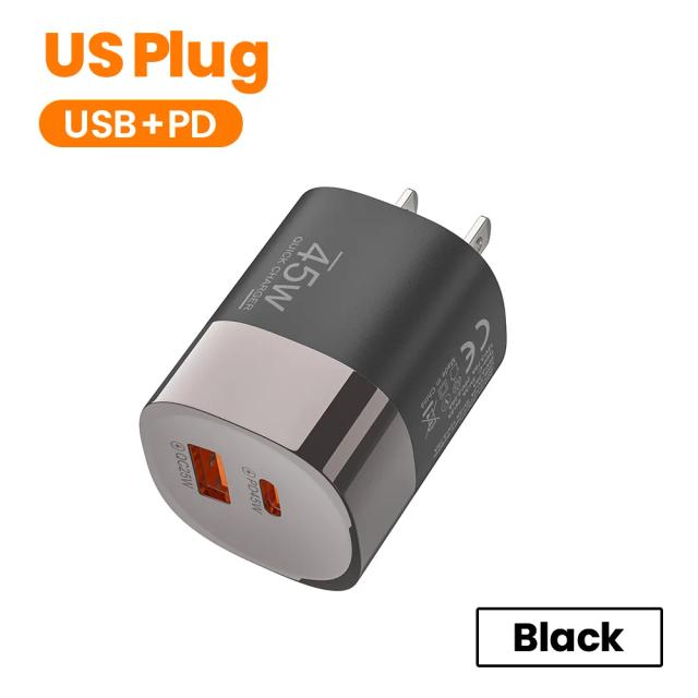 Carregador USB Tipo C Duas Portas 45W QC PD 3.0 Adaptador de Tomada Universal para Viagem