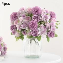 Buquê de flores artificiais realista, 1/4 peças, buquê reutilizável de peônia falsa, crisântemos, hortênsias com haste, decoração de quarto de casa - Image 2