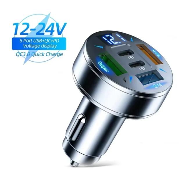 Carregador de Carro 250W 5 Portas PD QC3.0 USB C com Medidor de Voltagem para iPhone Samsung Huawei Xiaomi