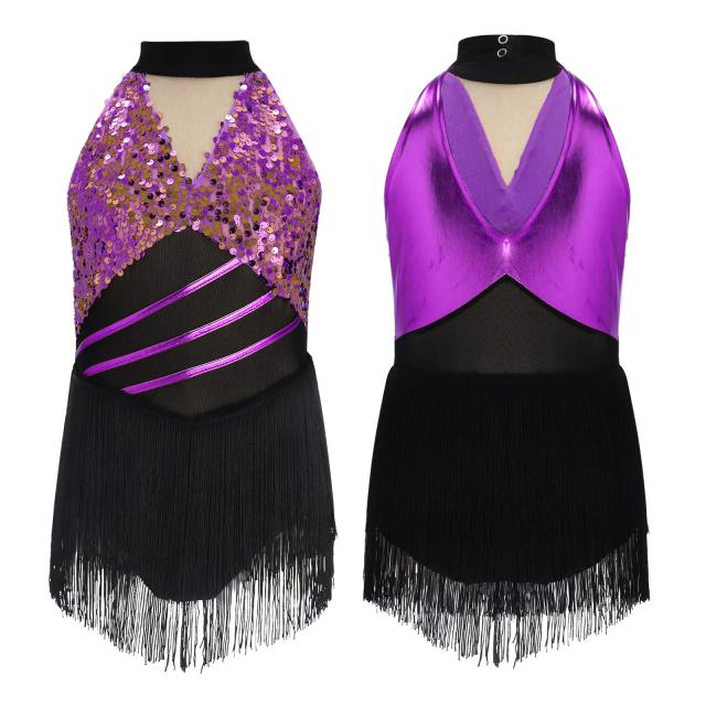 Vestido de Dança Infantil com Franjas e Lantejoulas para Meninas - Várias Danças