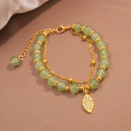 Pulseira de jade verde estilo chinês para mulheres, pulseira requintada com folhas douradas, pulseira de corrente dupla, presentes K - Image 3