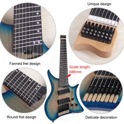 8 cordas 686mm sclae guitarra elétrica sem cabeça 30 Polegada fanned traste design sólido cinza corpo mini guitarra com roud trastes - Image 5