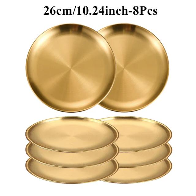 Conjunto de Pratos de Metal 8 Peças Aço Inoxidável 14-26cm para Churrasco e Piquenique