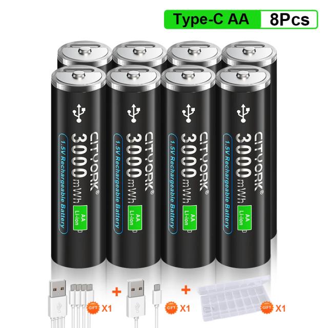Bateria recarregável de íon de lítio AA 1.5V CITYORK com carregamento rápido via Micro USB + Cabo USB para teclado, controle remoto e brinquedos.