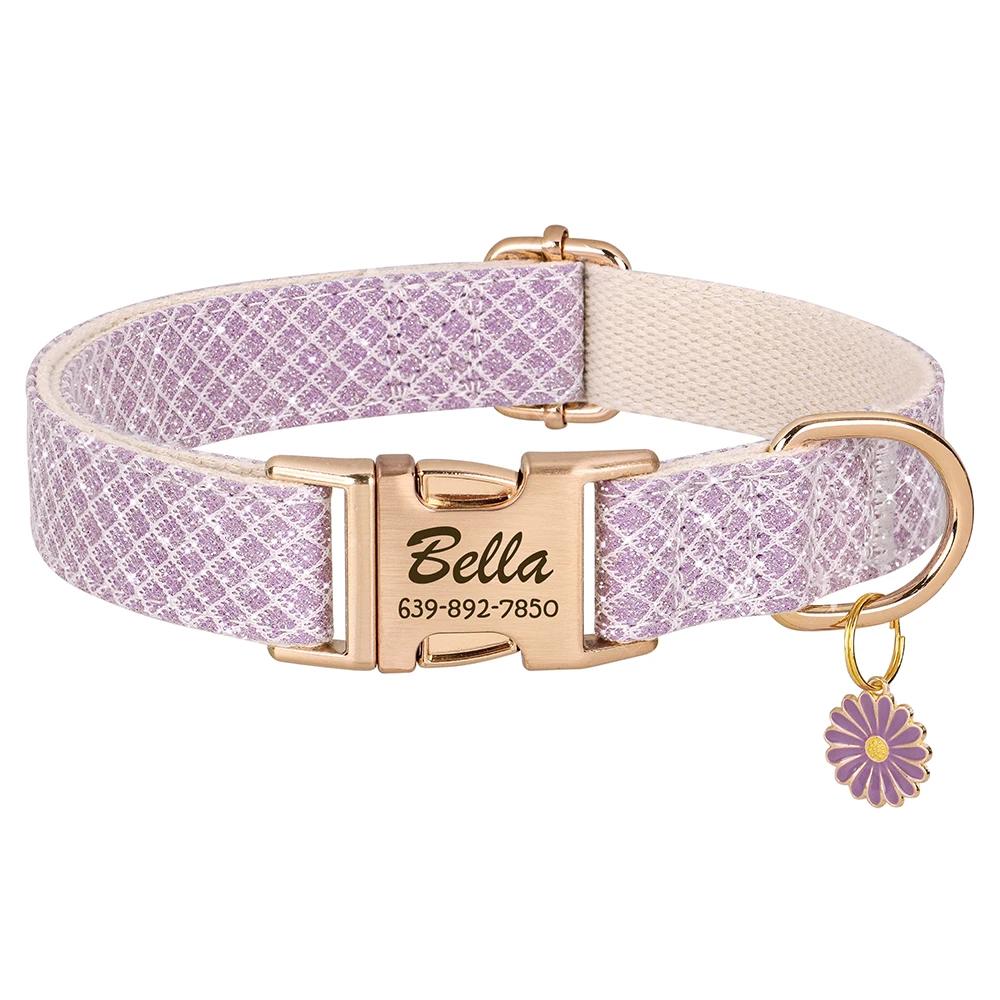 Coleira de cachorro personalizada de nylon, coleira personalizada para animais de estimação, acessórios de flores, ajustável, filhote de cachorro, gato, identificação, nome gravado gratuitamente para cães