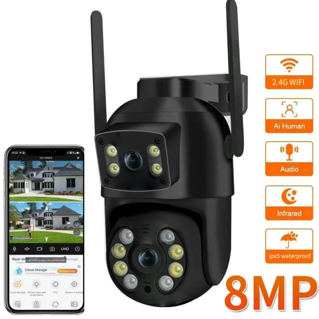 Câmera IP de Segurança CCTV Wi-Fi 8MP 4K PTZ Lente Dupla AI Detecção Humana Sem Fio ao Ar Livre