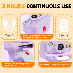Câmera colorida de impressão instantânea para crianças, presentes de aniversário de Natal para meninos e meninas, câmeras de vídeo digitais HD sem tinta papel térmico - Image 5