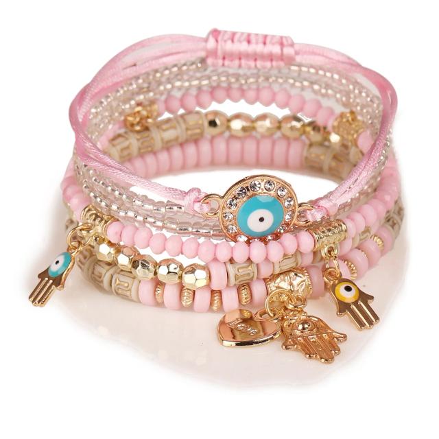 Conjunto de Pulseiras Olho Grego Boêmio com Coração e Mão de Fátima - 6 Peças