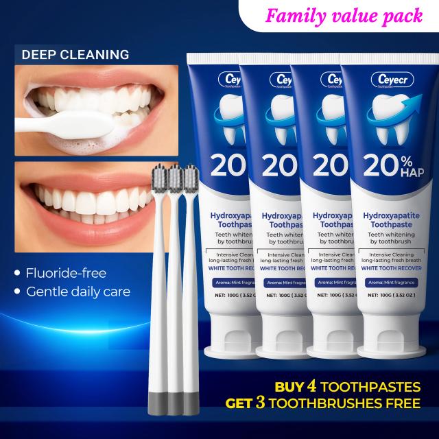 Pasta de Dente com 20% de Hidroxiapatita e Escova de Dente - Menta Suave, Proteção e Fortalecimento do Esmalte - 4 Unidades