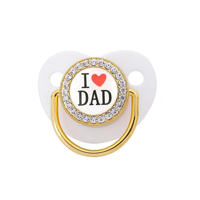 Chupeta Bebê Silicone BPA Free Strass Brilhante Eu Amo Mãe e Pai