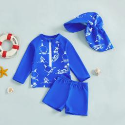Conjunto de roupa de banho para meninos e meninas, 2 peças, estampa de golfinho, gola, manga comprida, tops, shorts e chapéu, roupa de banho com proteção contra queimaduras - Image 2