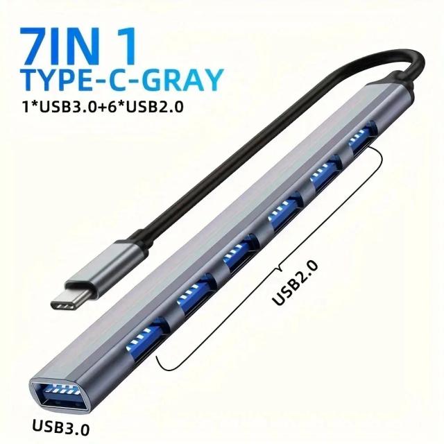 Hub USB-C 7 em 1 Extensor de Alumínio com 3x USB 3.0, 4x USB 2.0 e 2x USB-C