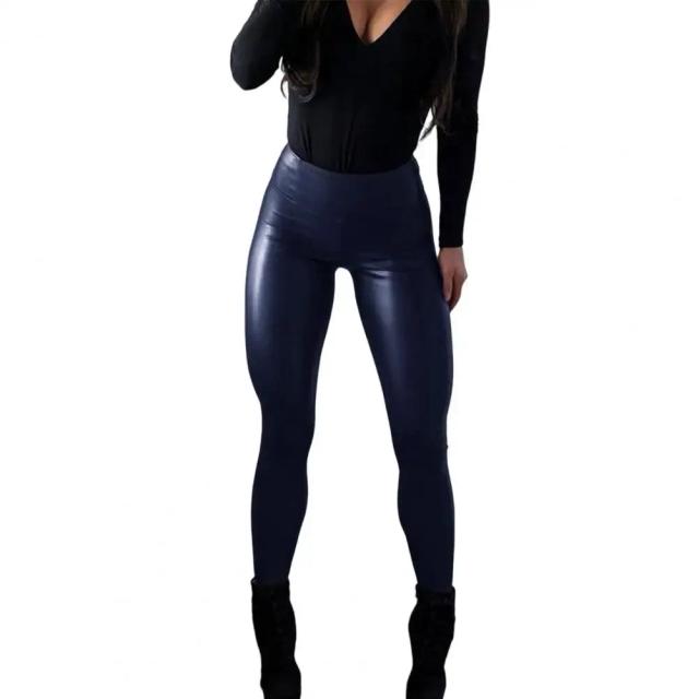 Primavera outono calças femininas cor sólida cintura alta bom estiramento fino ajuste calças de couro falso sexy hip lift lápis calças streetwe