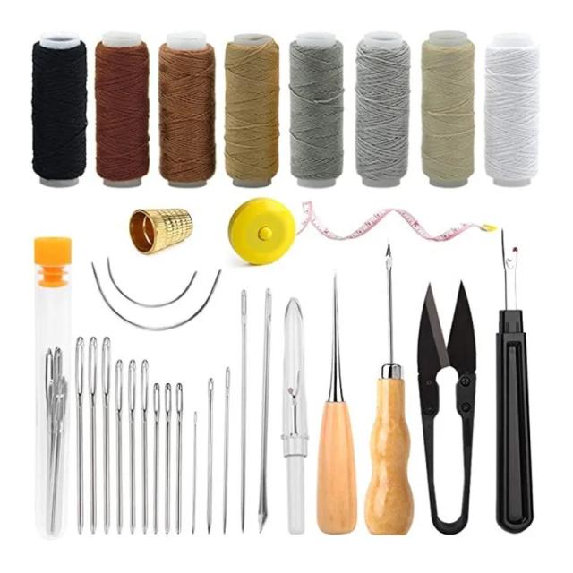 Kit de Costura em Couro, Conjunto de Ferramentas para Artesanato em Couro, Agulhas de Costura Manual, Furador, Linha Encerada para Trabalhos em Couro DIY