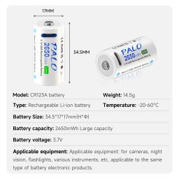 Palo cr123a bateria 2650mwh 16340 rcr123 3.7v bateria recarregável 100% capacidade usb lítio cr123 16350 bateria + cabo tipo-c - Image 6