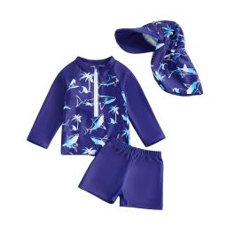 Conjunto de roupa de banho para meninos e meninas, 2 peças, estampa de golfinho, gola, manga comprida, tops, shorts e chapéu, roupa de banho com proteção contra queimaduras - Image 1