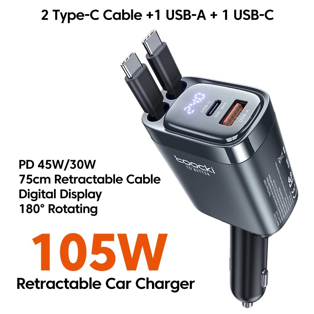 Toocki 4 em 1 carregador de carro retrátil 105w carregador de telefone móvel tipo c cabo para iphone 16 15 cabo de carga rápida adaptador de cigarro - Image 1