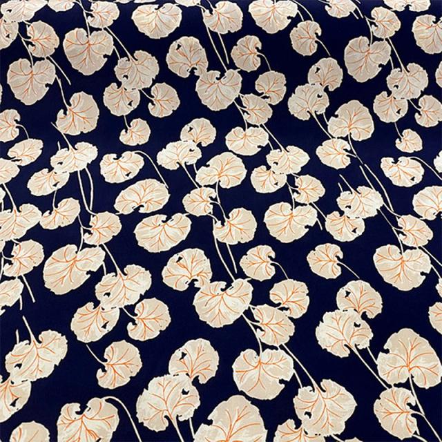 Tecido de Seda Crepe 100% Seda de Amoreira 16 Momme Estampa Folhas Azul-Marinho 1 Metro