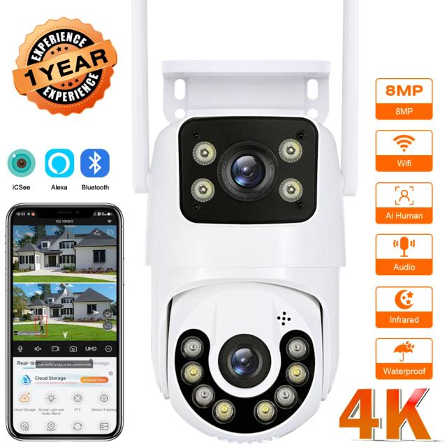 Câmera IP de Segurança Externa 4K 8MP HD Lente Dupla PTZ WiFi Câmera de Rastreamento Automático