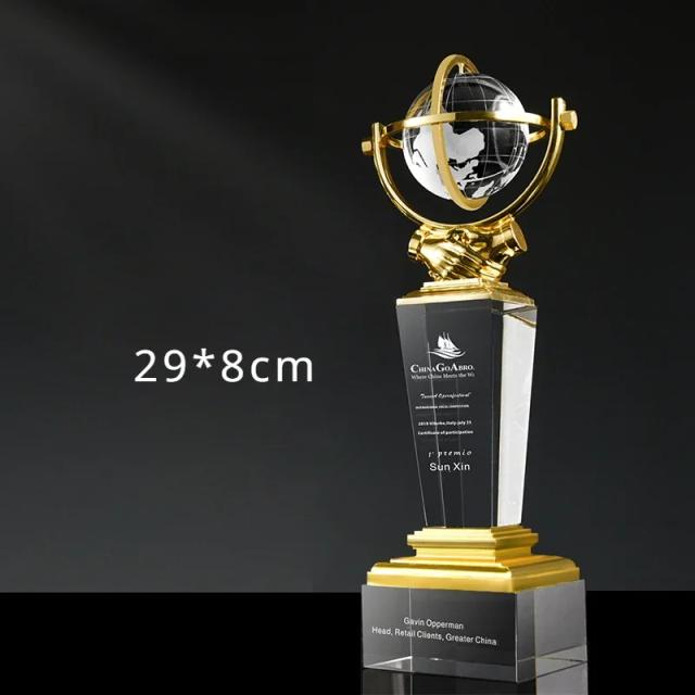Troféu de Cristal Personalizado Globo Metal Prêmio Coletivo Lembrança