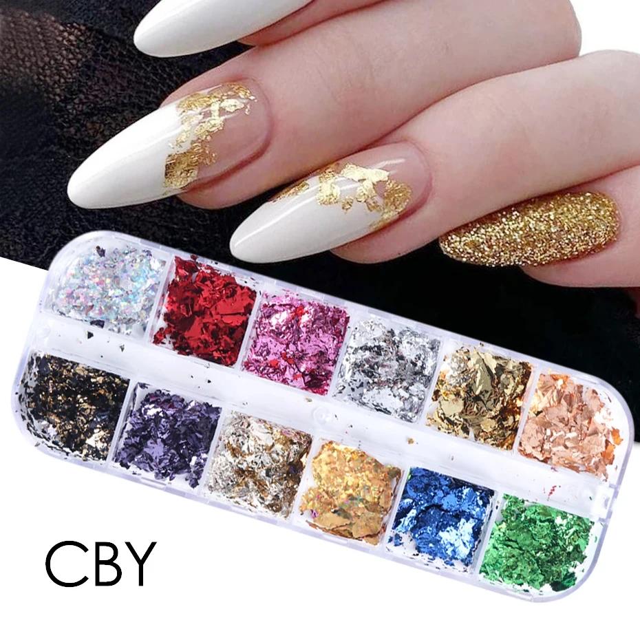 12 cores folhas de ouro lindas unhas glitter flocos de alumínio aleatórios paillette chip design de unhas brilhantes brilhantes decoração de arte de unhas - Image 1