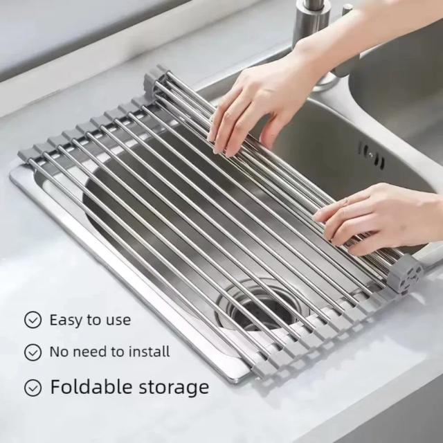 Escorredor de Louça Dobrável Aço Inoxidável Multifuncional para Cozinha