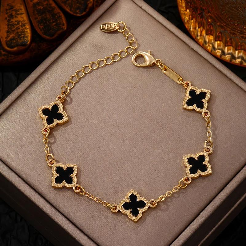 Luxo vintage strass quatro folhas trevo pulseira para mulheres meninas moda cinco folhas flor corrente de pulso jóias bijoux presentes - Image 1