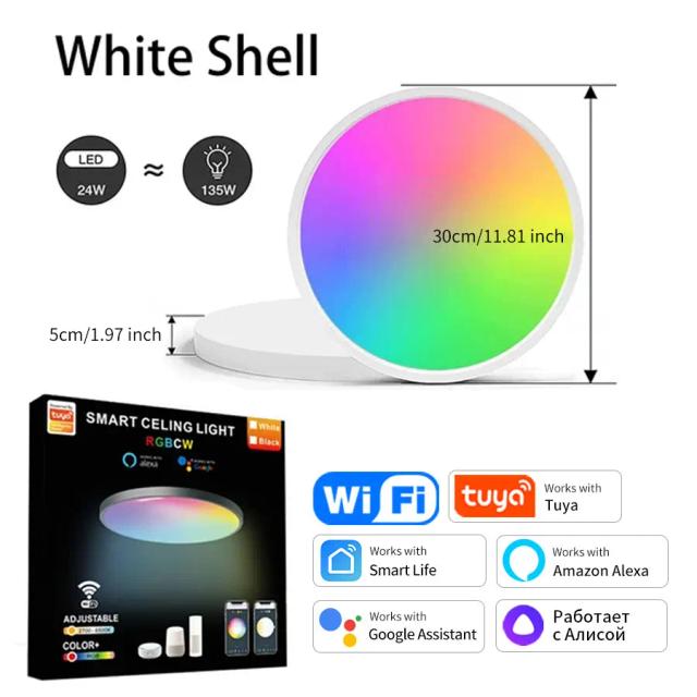 Tuya Smart Wifi Lâmpada de Teto 24W RGB Circular Controle App Compatível com Alexa e Google Home