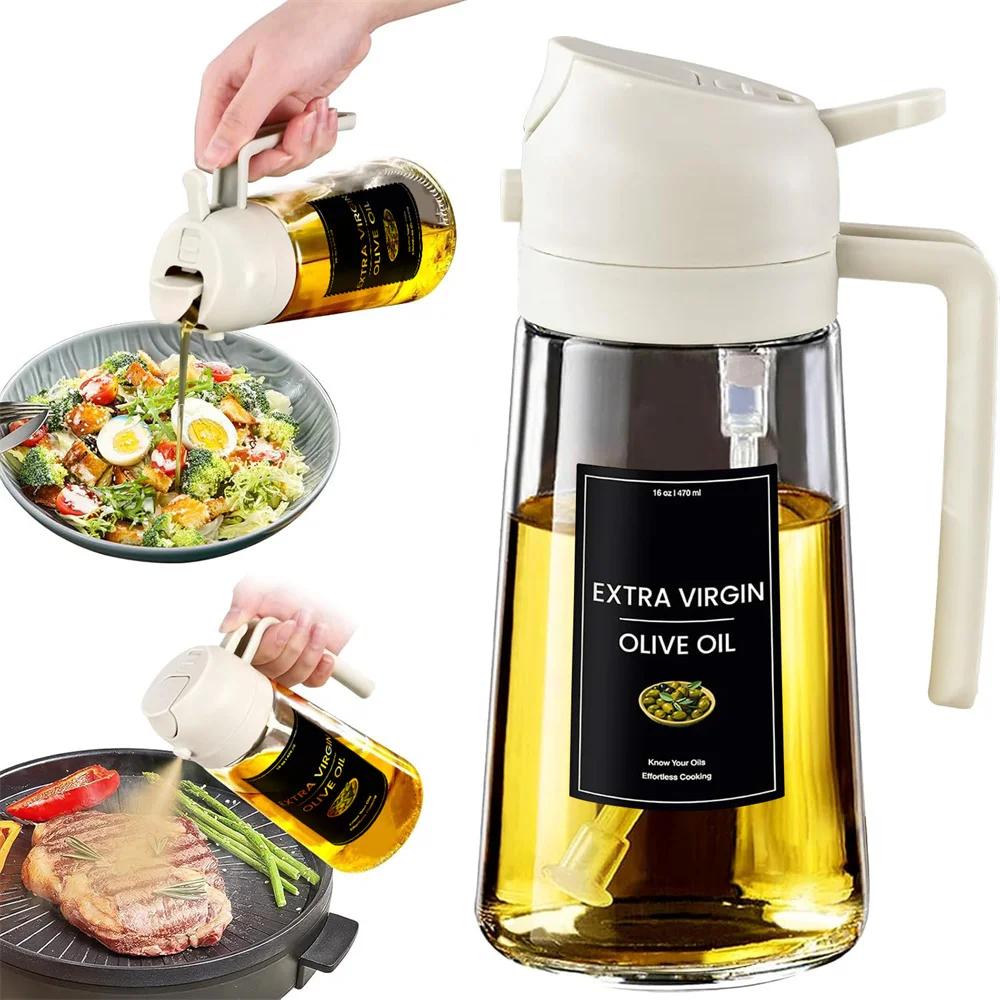 Pulverizador de óleo para cozinhar, garrafa dispensadora de azeite 2 em 1 para cozinha com adesivos, vidro premium de 16 onças/470 ml, senhor de óleo de qualidade alimentar - Image 1