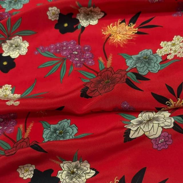 Tecido Crepe de Seda Estampado Floral Vermelho 140cm