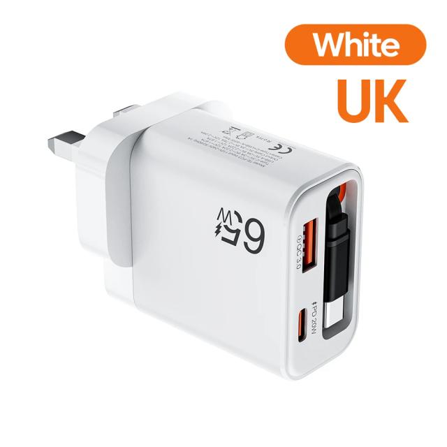 Carregador USB C Carga Super Rápida 65W com Cabo Retrátil para iPhone Samsung POCO Xiaomi