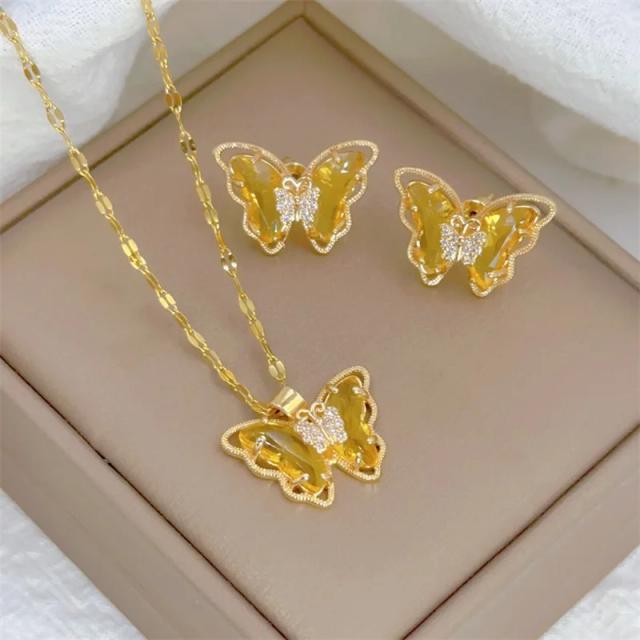 Conjunto de Brincos e Colar Borboleta Luxo Aço Inoxidável Transparente Feminino