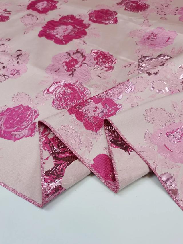 Tecido Brocado Jacquard Rosa Rosa Fio de Metal 1 Metro