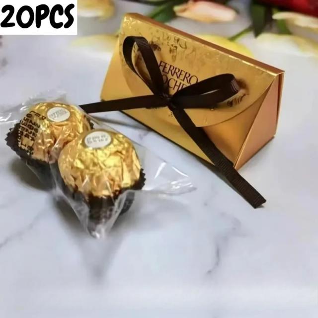 20 Caixas Vazias de Chocolate Ferrero, Caixa de Papel Dourada com Relevo, Caixa de Presente Triangular com Laço de Fita, Lembrancinha de Casamento, Caixa Vazia para Doces