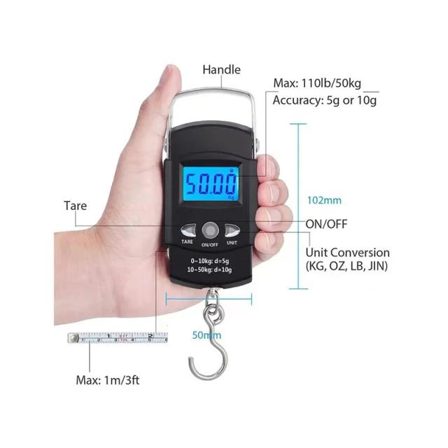 Balança Eletrônica de Pesca Digital 50kg com Luz Azul e Fita de Medição