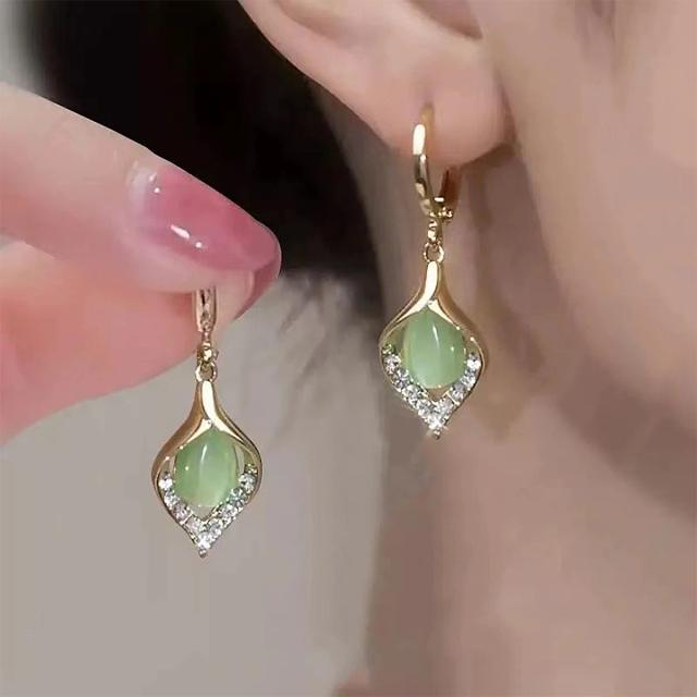 Brincos Angel Eyes Pedra Olho de Gato Aço Titânio Banhado a Ouro Pendente Gota Joia Elegante