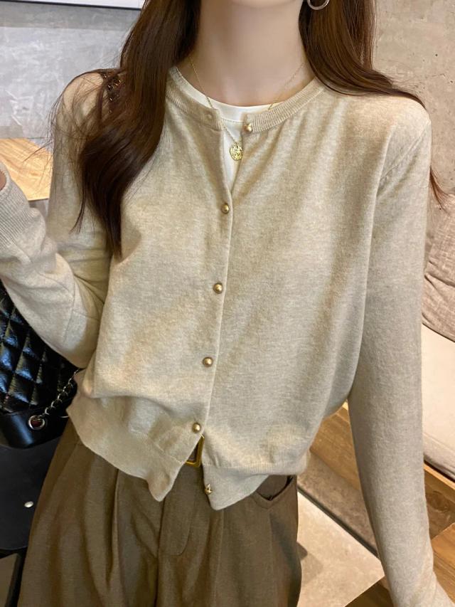 Cardigan de Malha Coreano Feminino Manga Longa Gola Redonda