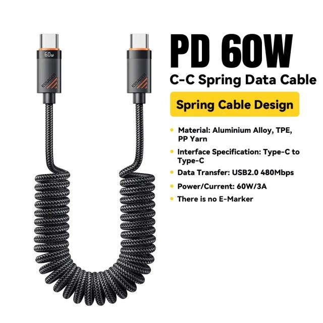 Essager Cabo Tipo C Primavera para iPhone 15/16, Samsung, Xiaomi - Carregamento Rápido 100W PD para MacBook, iPad