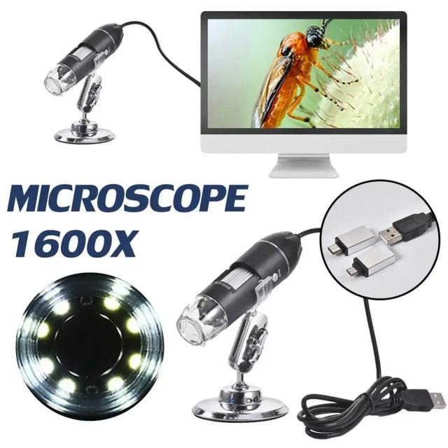 Microscópio Digital USB 1600x 2MP 1080p com 8 LEDs