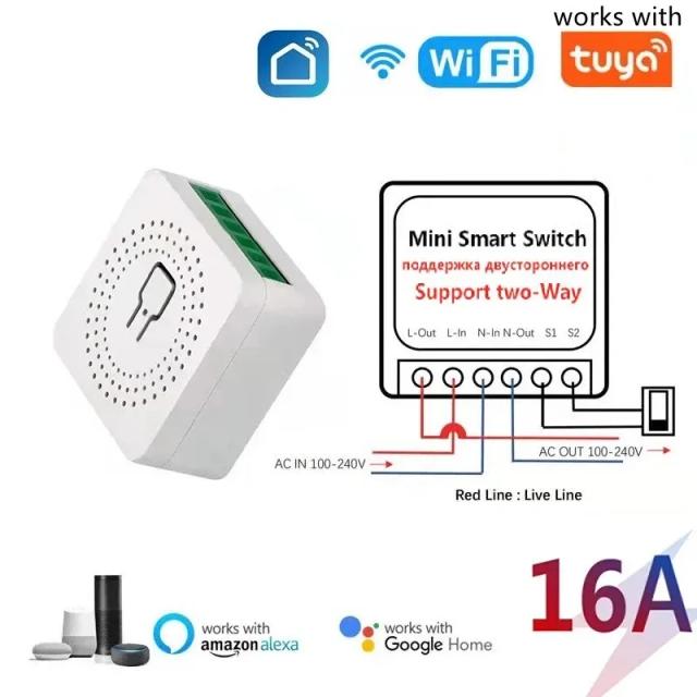 Módulo de Interruptor Inteligente WiFi 16A Tuya Controle de 2 Vias Smart Life