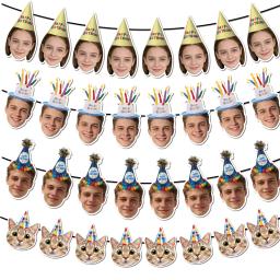 Faixa de Aniversário Personalizada com Foto, Banner de Bandeirolas com Estampa de Chapéu de Aniversário para Lembrancinhas de Festa de Aniversário, Banner de Feliz Aniversário - Image 1